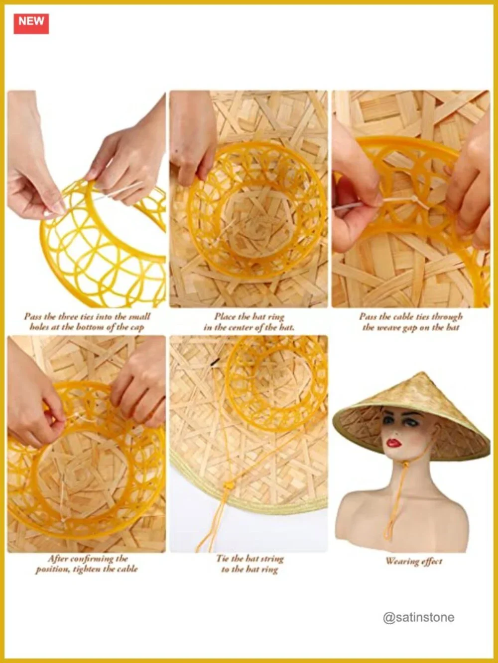 6 Pack Traditional Bamboo Conical Sun Hats with Chin Strap for Outdoor